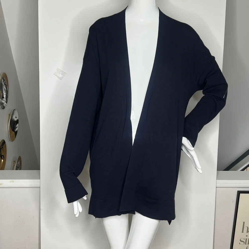 Akris Punto Sz 14 Navy White Open Cardigan Soft Virgin Wool Side Pockets